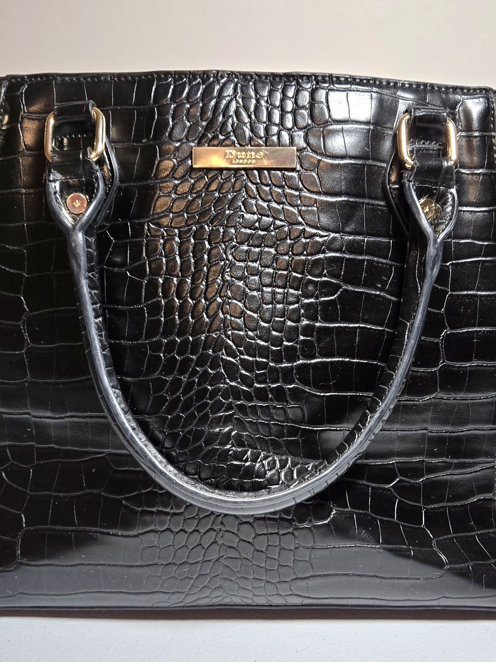 Dune London Black Croc-Embossed Tote with Gold Hardware